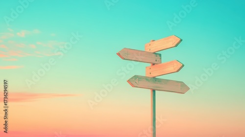 A colorful signpost pointing in multiple directions against a vibrant sky at sunset, symbolizing choices and journeys.