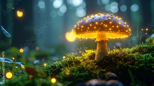 Wallpaper Mural Enchanted Forest with Glowing Mushroom and Fireflies at Night. Torontodigital.ca