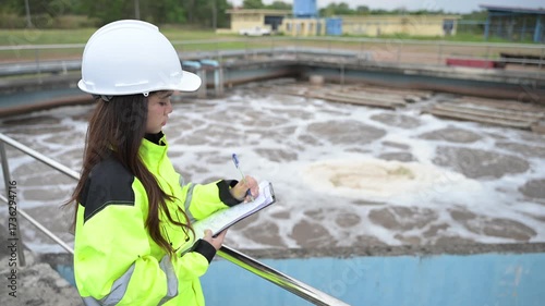 Engineer inspecting wastewater treatment plant and recording data for environmental monitoring. Concept of water management, industrial inspection, and sustainability process.