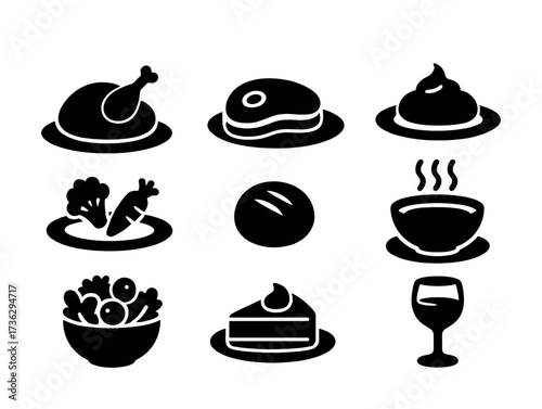 Silhouette icons of food and drink: chicken, pancake, ice cream, salad, coffee, cake, wine