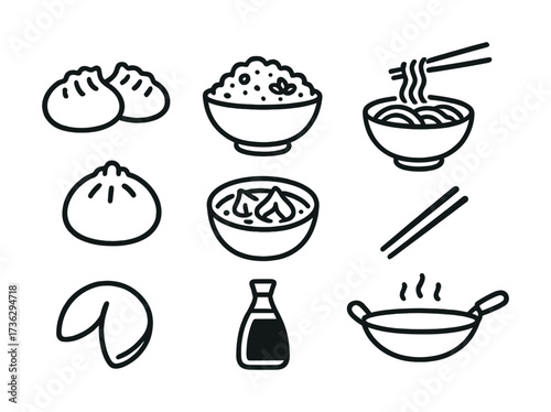 Simple chinese cuisine icons: dumplings, rice, noodles, wok, chopsticks, soy sauce, fortune cookie