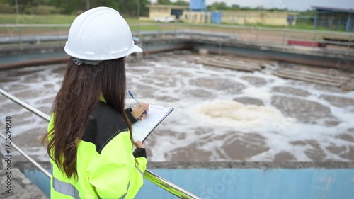 Engineer inspecting wastewater treatment plant and recording data for environmental monitoring. Concept of water management, industrial inspection, and sustainability process.
