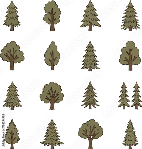 A collection of stylized, hand-drawn illustrations of various deciduous and coniferous trees, presented in a grid format against a white background.