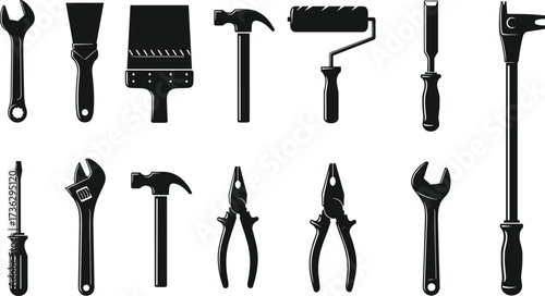 Hand tools silhouette, wrench, hammer, screwdriver, pliers, paintbrush, chisel, roller, maintenance, carpentry, construction, DIY, repair, toolkit, black 