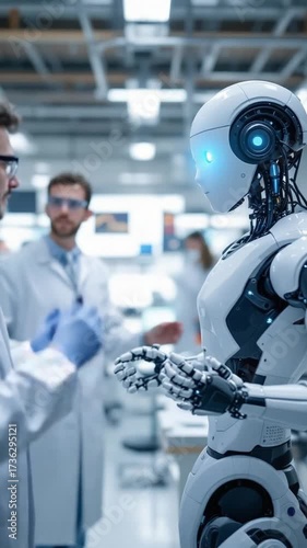 Humanoid robot interacts with researchers in modern laboratory setting