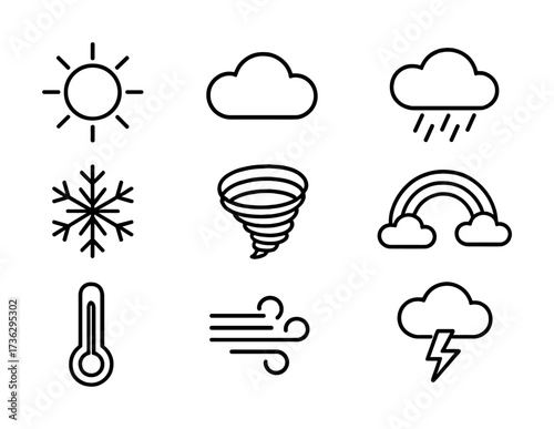 Minimalist weather icons: sun, cloud, rain, snow, tornado, rainbow, thermometer, wind, lightning