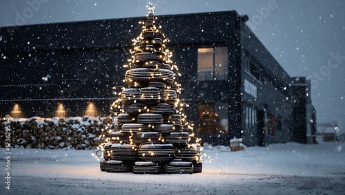 An unusual christmas tree made of tires stands in falling snow