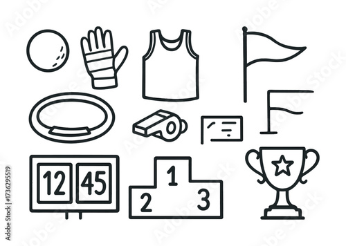 Sports equipment icons including ball, gloves, whistle, trophy, and winner's podium