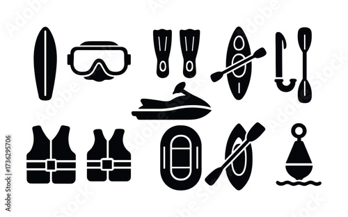 Water sport icons: kayak, jet ski, paddle, buoy, life vest, scuba gear, raft