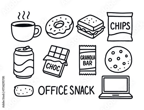 Hand-drawn office snacks: coffee, donuts, sandwiches, chips, chocolate, granola, cookies, laptop