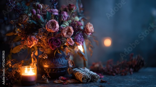 Halloween Scented Bouquet. A moody arrangement of dried flowers and a candle in a dimly lit setting.