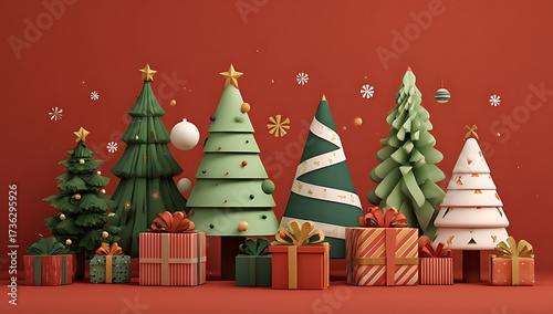 A festive arrangement of stylized christmas trees and colorful gift boxes