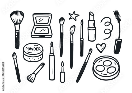 Hand-drawn makeup tools: brushes, lipstick, and cosmetics doodles