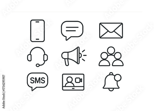 Communication icons set: smartphone, messaging, email, support, megaphone, group, sms, video call, notification