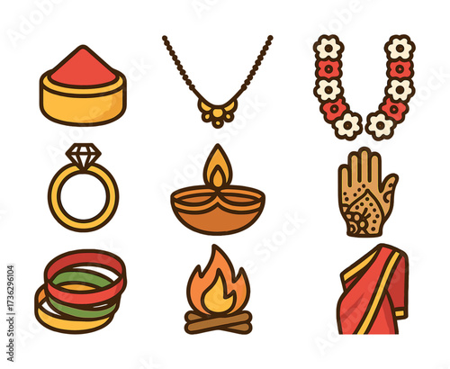 Colorful indian cultural symbols: jewelry, sari, mehndi, garland, diya, bindi, bangles, fire