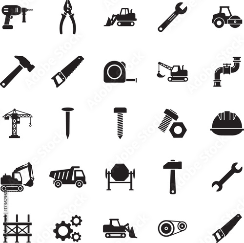 Essential Construction and Tool Icons in Silhouette Style