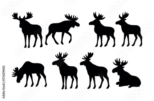 Silhouette collection of standing and grazing moose in various poses