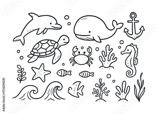 Hand-drawn ocean creatures and marine elements doodle set
