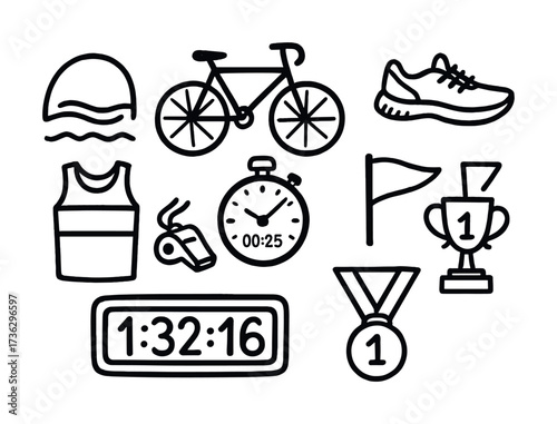 Triathlon icons: swim, bike, run, timer, award, whistle, bib, medal, trophy