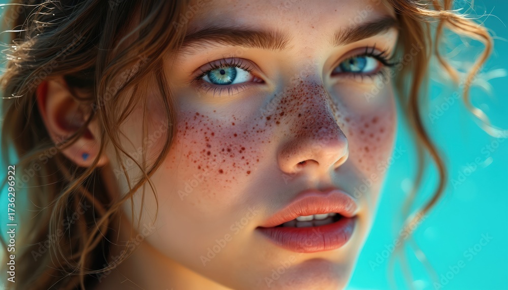 Fototapeta premium Close up portrait of young woman with blue eyes. Many freckles, wavy brown hair. Bright sunlight illuminates natural healthy skin. Face shows calm, confident beauty expression. Fresh summer outdoor