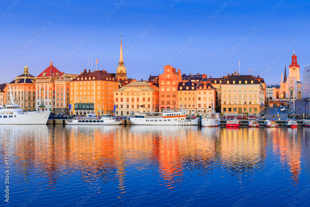 Fototapeta premium Stockholm, Sweden. Gamla Stan waterfront cityscape at sunrise. Scandinavia.