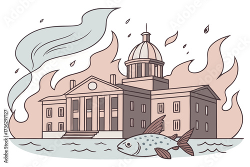 Building on fire with a fish in the foreground