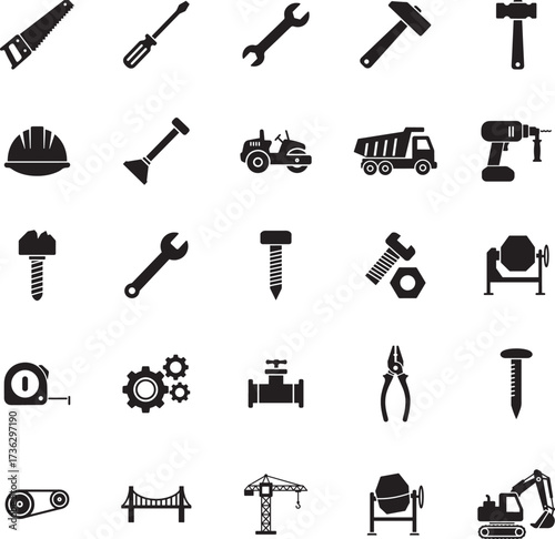 Construction and Tool Icons in Silhouette Style