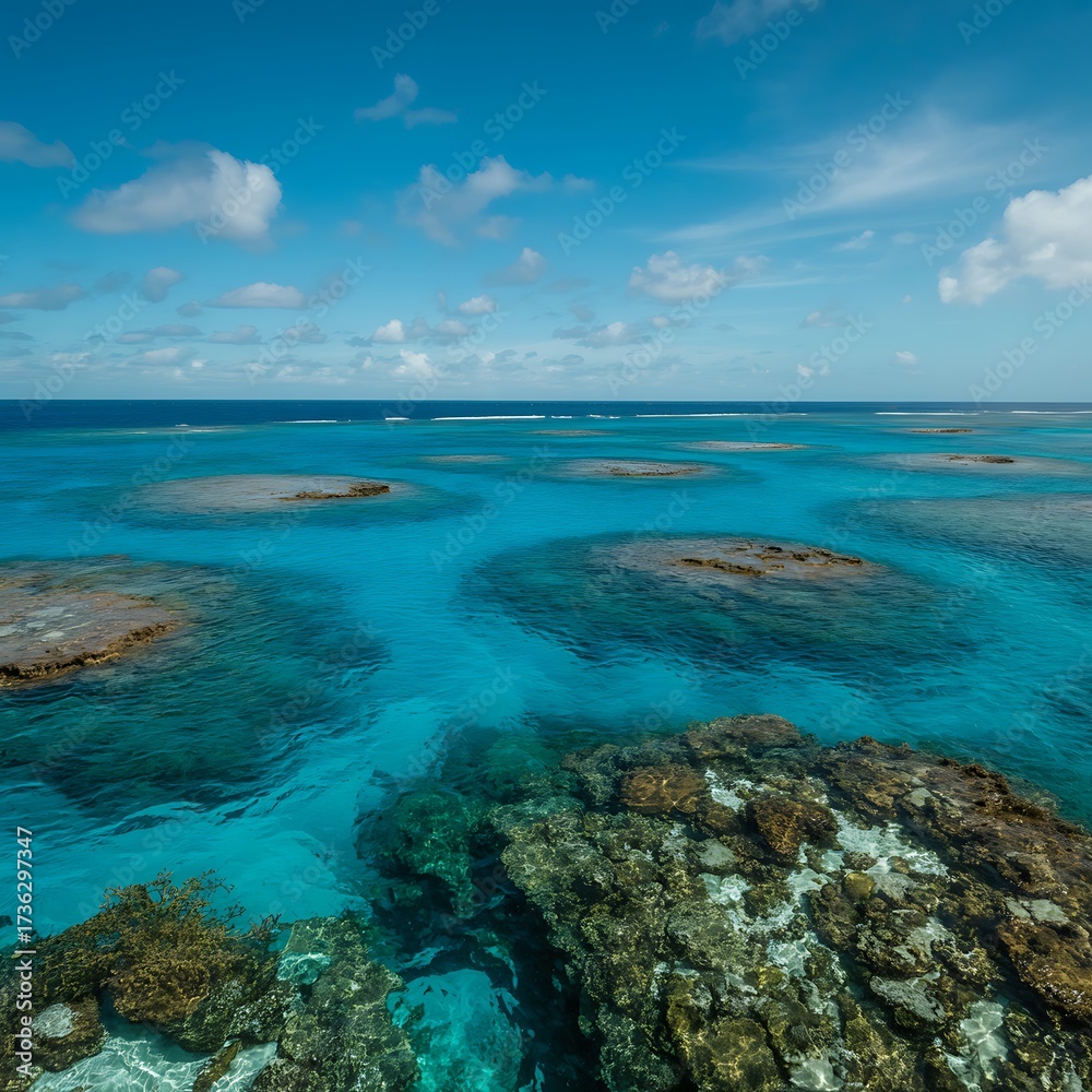 Obraz premium Tropical Blue Ocean with Coral Reef Pools and Rocky Coastline