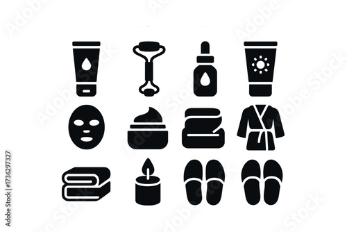 Spa and skincare icons: cream, roller, face mask, candle, towels, robe, slippers
