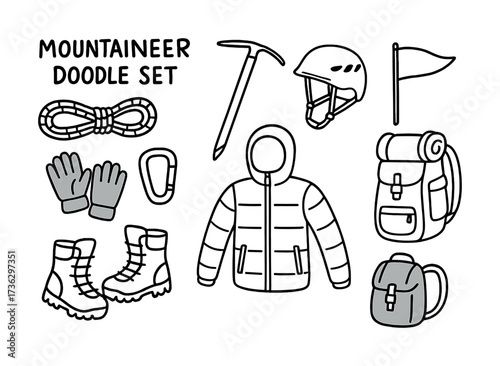 Mountaineer equipment doodle set: helmet, gloves, jacket, boots, carabiner, backpack, rope, axe, flag