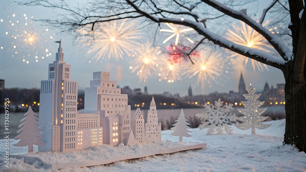 Obraz premium Paper Art Cityscape with Snow and Fireworks – Winter Holiday Scene