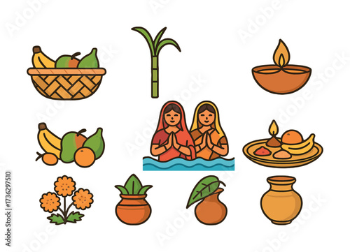 Chhath puja symbols - women in prayer, fruits, diyas, and sacred offerings