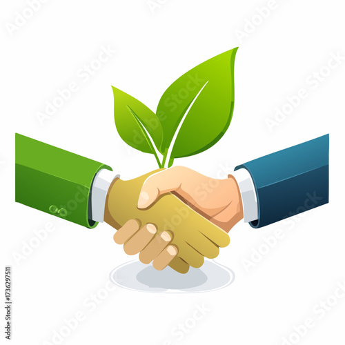 Sustainable partnership handshake with green plant, illustrating environmental cooperation, eco-friendly business growth, and corporate social responsibility