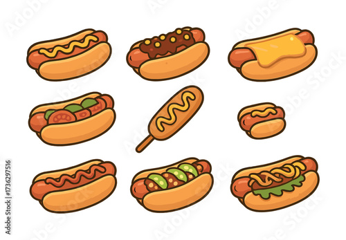 Assorted classic hot dog varieties with toppings on white background