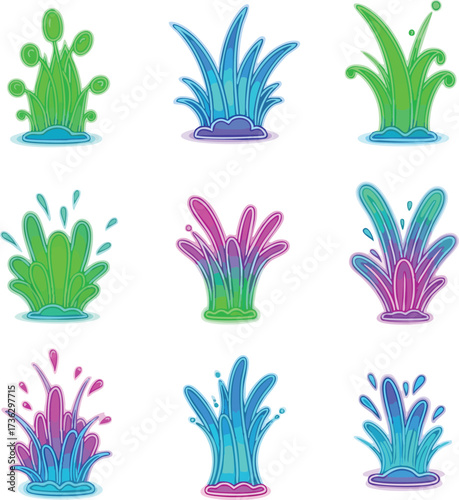 A vibrant collection of nine stylized cartoon water splashes, geysers, and fountains in bright blue, green, and purple hues.