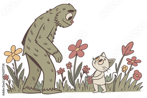 Bigfoot and kitten in a field of flowers