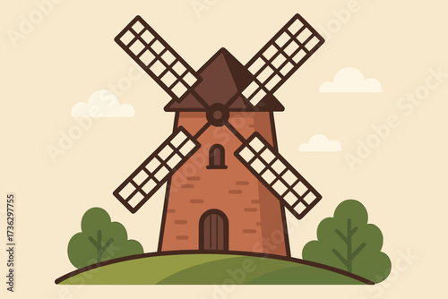 Charming illustration of a windmill surrounded by greenery and gentle hills