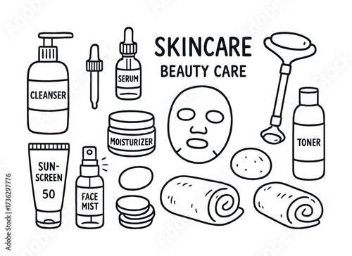 Skincare beauty care essentials: cleanser, serum, mask, moisturizer, toner