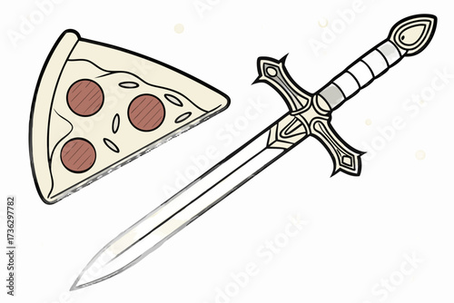 Slice of pepperoni pizza and a sword
