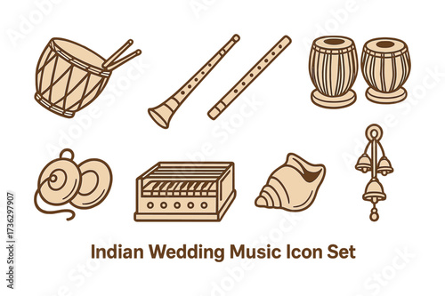 Indian wedding music instruments: drums, shehnai, flutes, tabla, harmonium, conch, bells