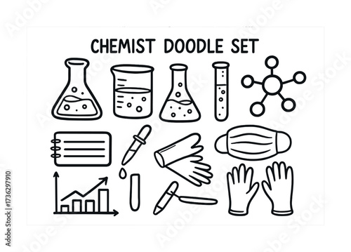 Chemist doodle set: laboratory equipment, molecule, graph, gloves, test tubes, flasks