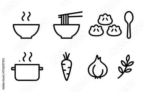 Minimalist food icons featuring soup, noodles, dumplings, and vegetables
