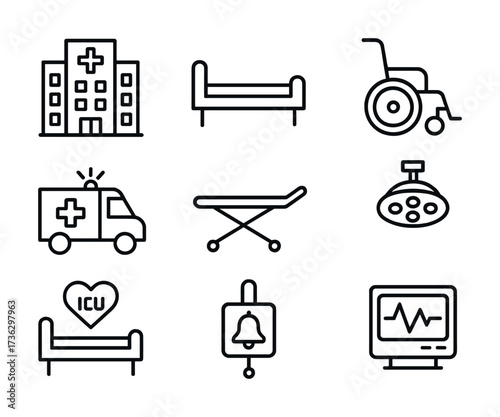Healthcare icons: hospital, bed, wheelchair, ambulance, icu, monitor, surgery, bell