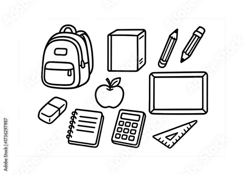 Black and white school supplies set with backpack and notebook