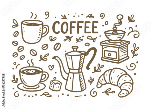 Doodle of coffee elements: cups, beans, grinder, pot, and croissant