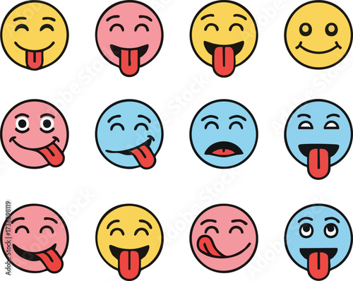 A colorful collection of cartoon emoticons with playful and silly expressions, many sticking their tongues out.