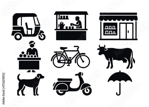 Silhouettes of market scene with stalls, vehicles, and animals
