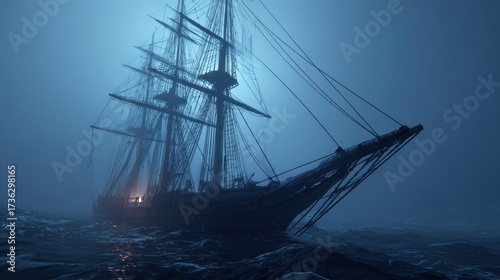 Fog-shrouded, antique sailing ship at sea
