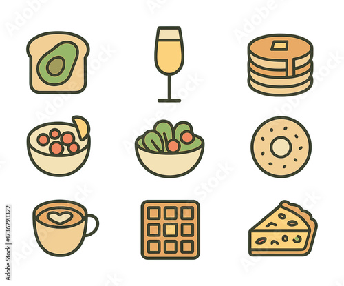 Minimalist breakfast icons featuring toast, wine, pancakes, bowl, salad, bagel, coffee, waffle, pie