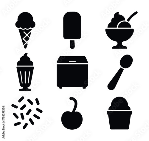 Ice cream cone, popsicle, sundae, cup, and sprinkles icons in black and white